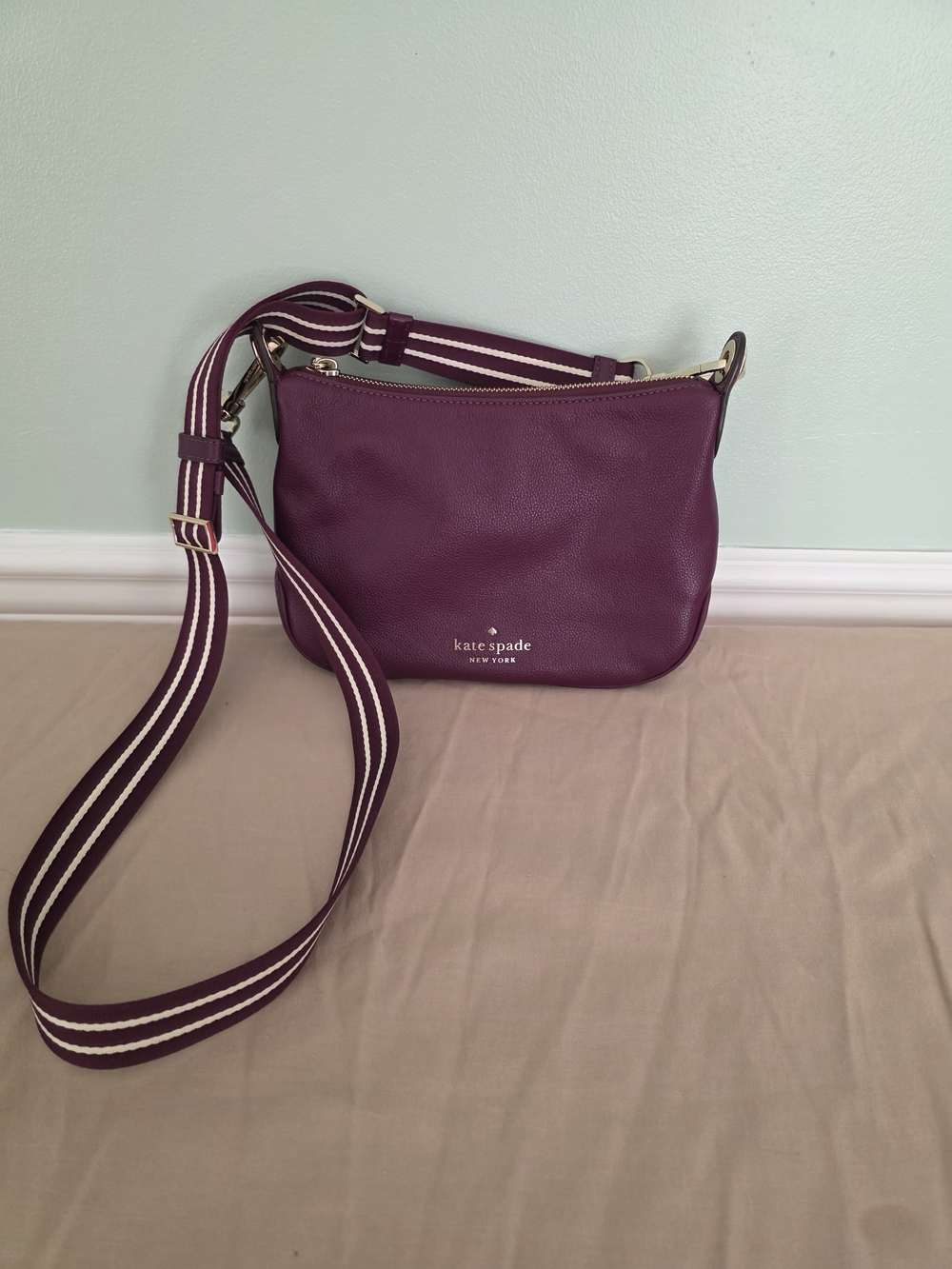 kate spade Plum Pebbled Leather Crossbody with Striped Strap